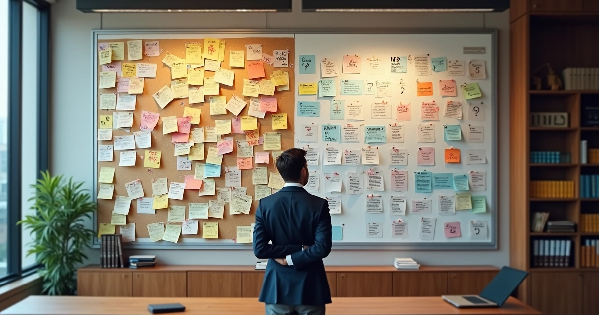 Advogado observa quadro kanban dividido entre caos burocrático e fluxo organizado 