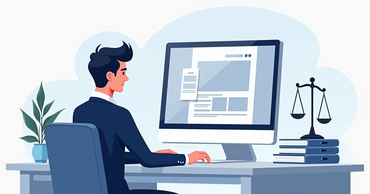 Advogado sentado em frente ao computador criando landing page 