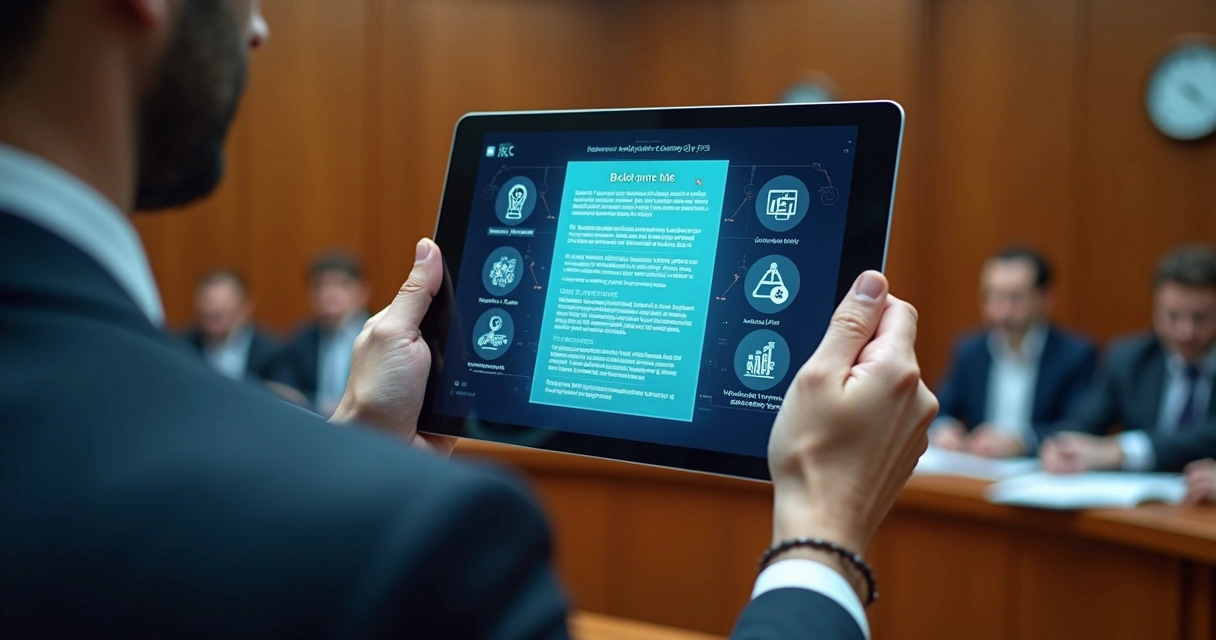 Advogado apresentando prova digital validada em blockchain diante de juiz 