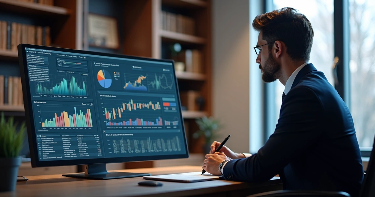 Advogado analisando gráficos de dados jurídicos na tela do computador 