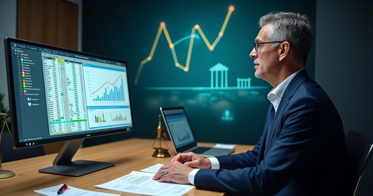 Advogado analisando modelo financeiro em Excel com ícones discretos de justiça ao fundo 