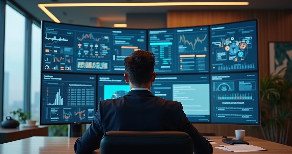 Advogado monitorando processos em tela no escritório 