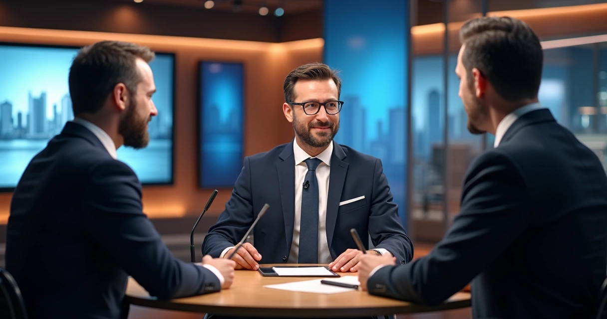 Advogado participando de entrevista em estúdio de TV 