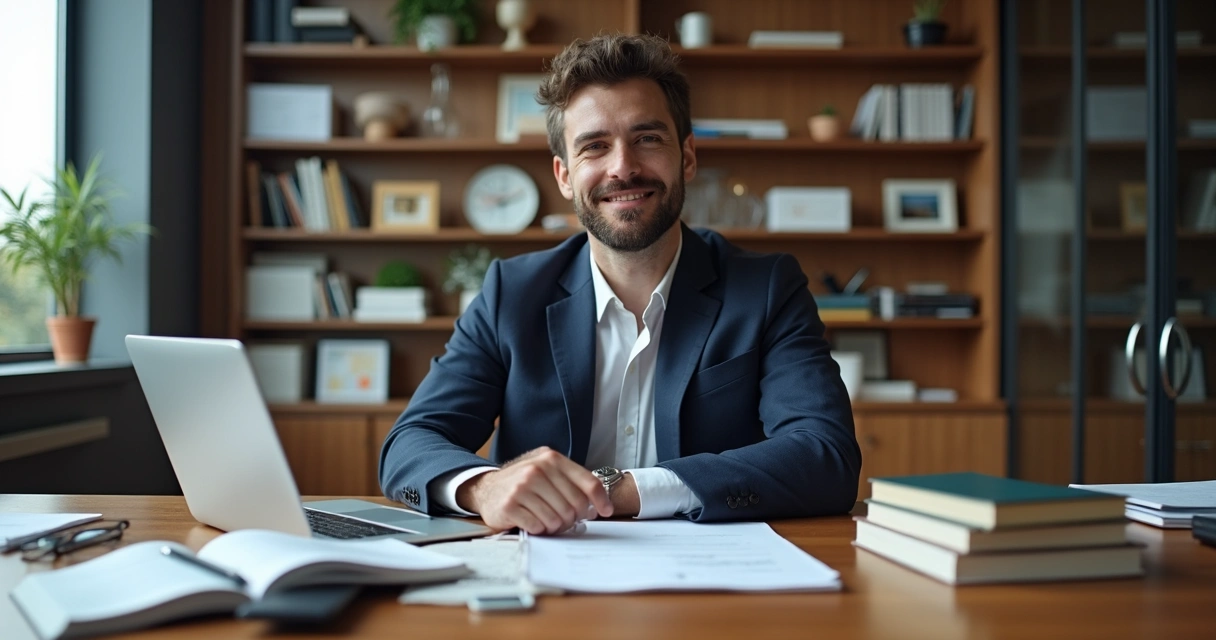 Advogado trabalhando em escritório digital com computador e pilha de processos. 