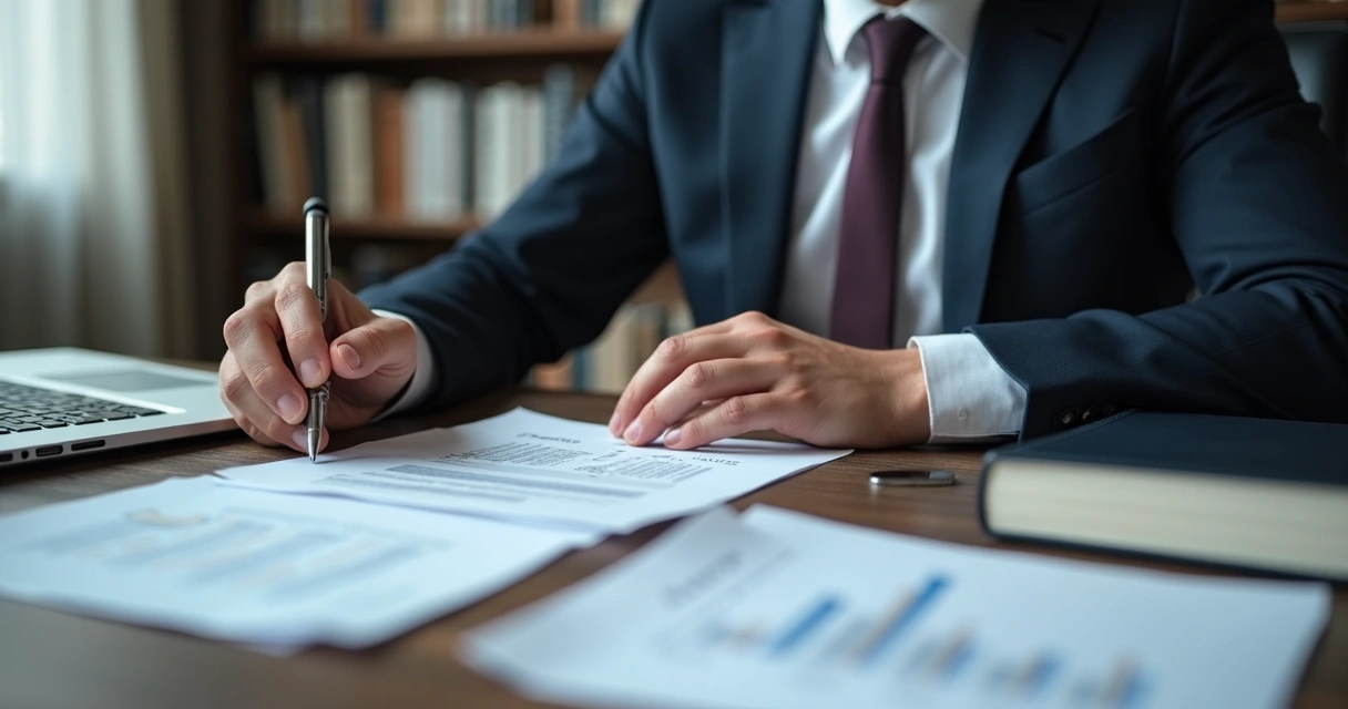 Advogado em traje social analisando documentos jurídicos e balanços patrimoniais na mesa 