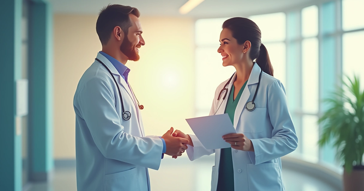 Médico entregando documentos a um advogado em hospital 
