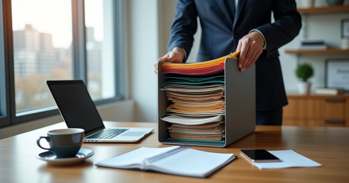 Advogado organizando mesa de escritório após o recesso jurídico mas sem papéis porque nossa ideia é que seja tecnologico