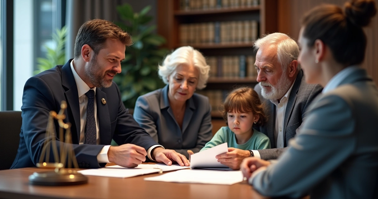 Advogado orientando família em escritório sobre direitos ligados à saúde 