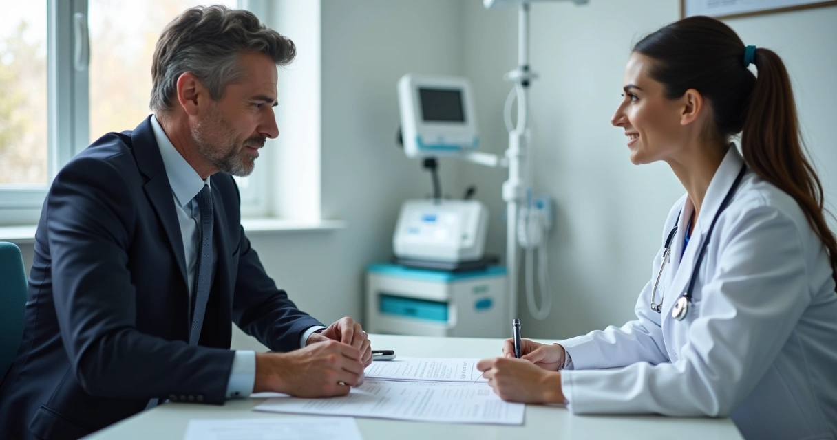 Advogado orientando médica em consultório com documentos de locação 