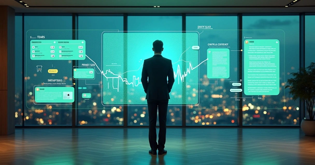 Advogado em pé observando hologramas de contratos, chats de WhatsApp e gráficos de desempenho 