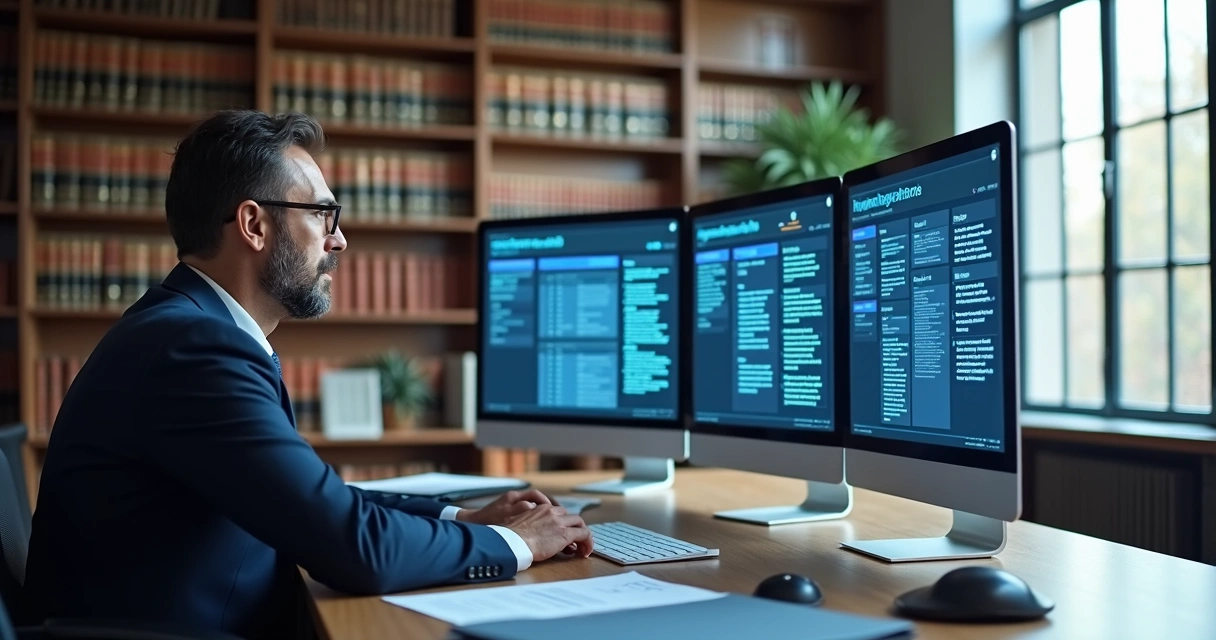 Advogado sentado à mesa digital com várias telas exibindo pesquisas jurídicas 