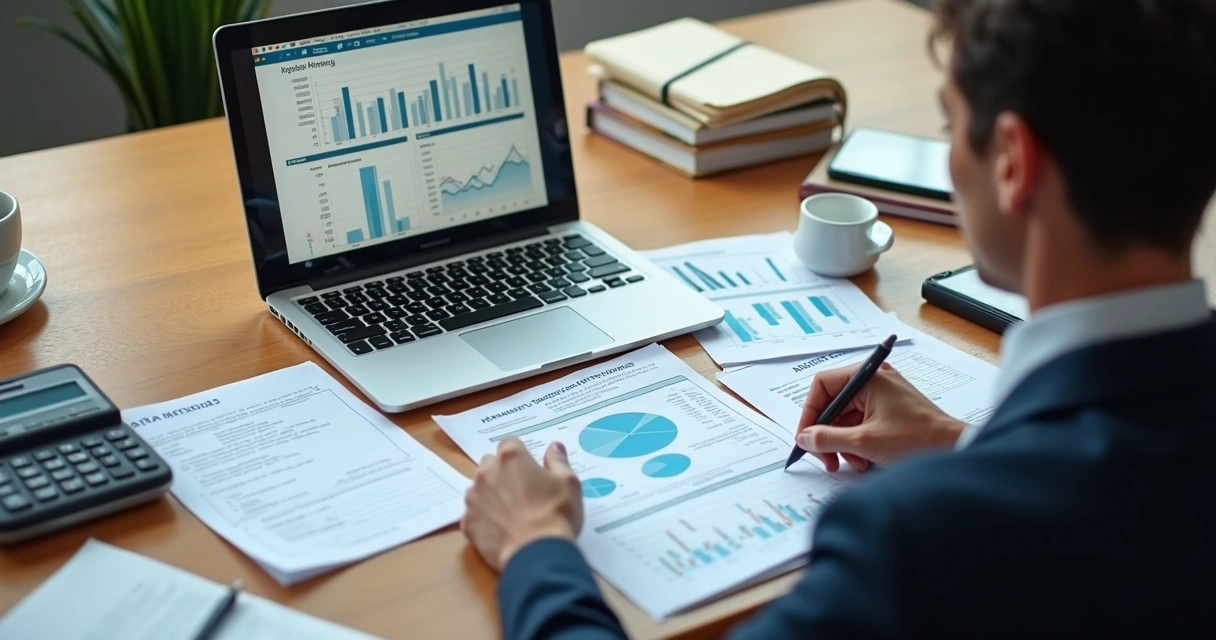 Advogado revisando relatórios tributários em escritório 