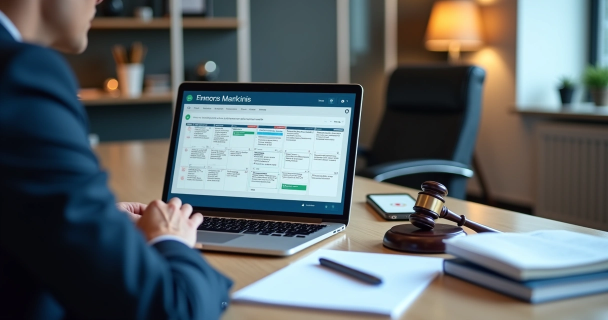 Advogado revisando calendário de conteúdo em mesa de trabalho