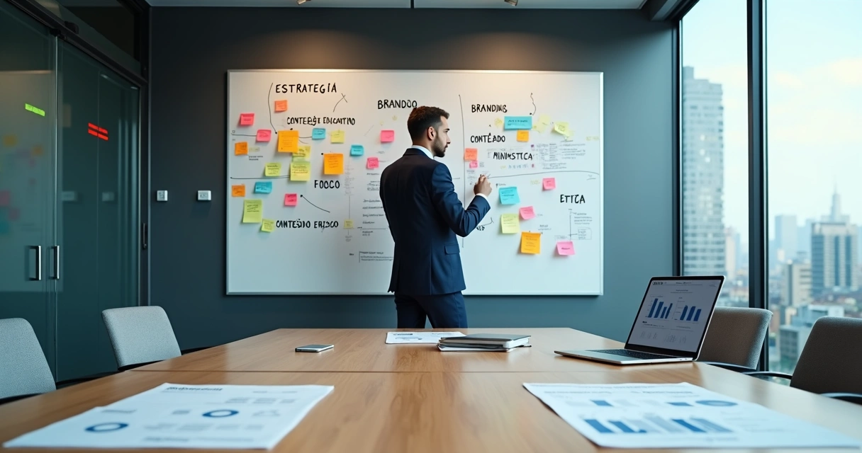 Advogado planejando estratégia de marketing jurídico ético em quadro de anotações 