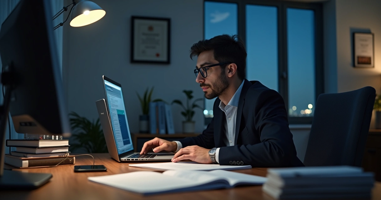 Advogado em plantão criminal em escritório moderno durante a noite, trabalhando com laptop e documentação legal, ambiente iluminado e tecnologia avançada 