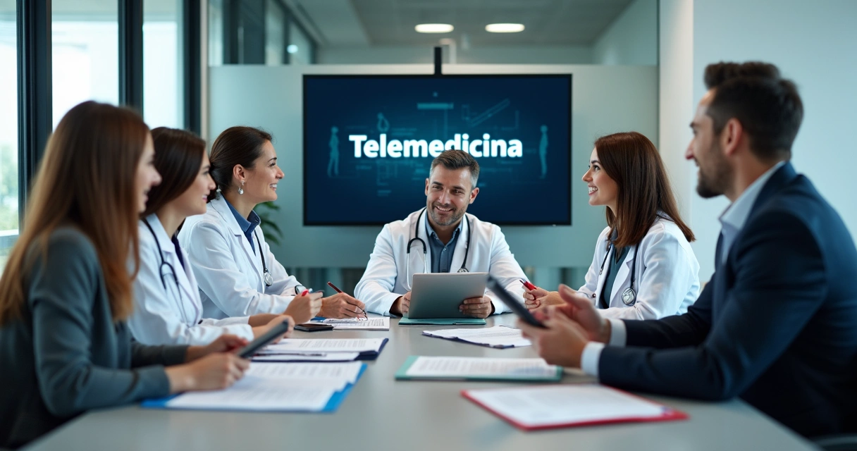 Advogado e equipe médica revisando protocolos de telemedicina