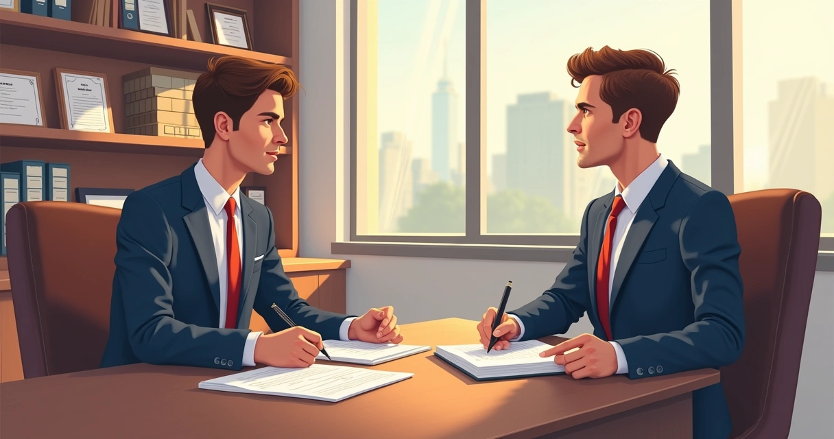Advogado e cliente conversando em escritório. 