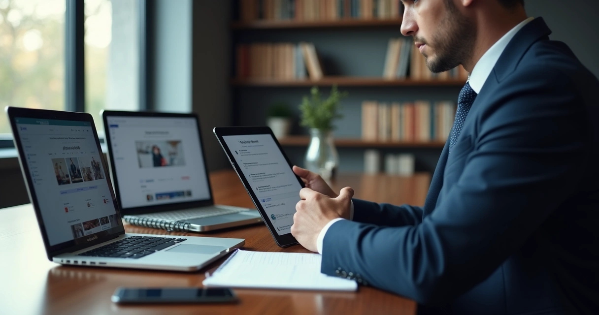 Advogado analisando conteúdo jurídico em telas digitais 