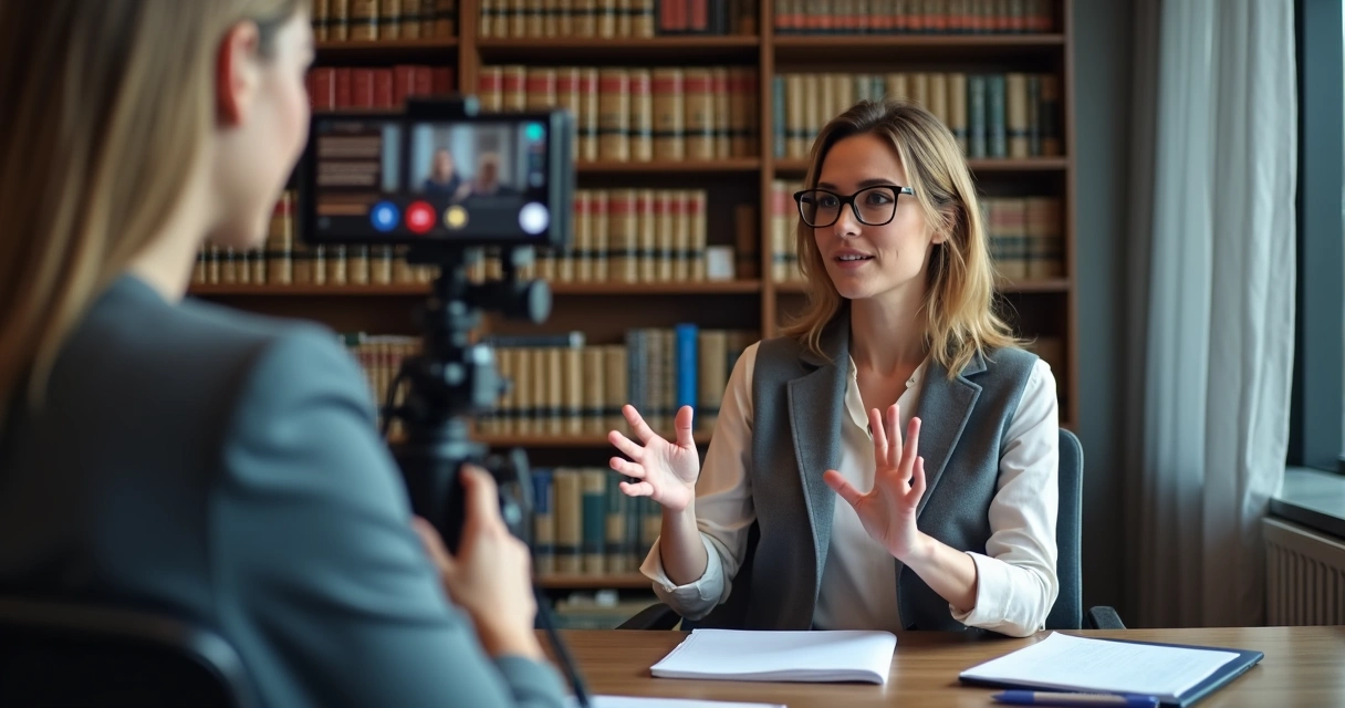 Advogada grava vídeo educativo para redes sociais no escritório 