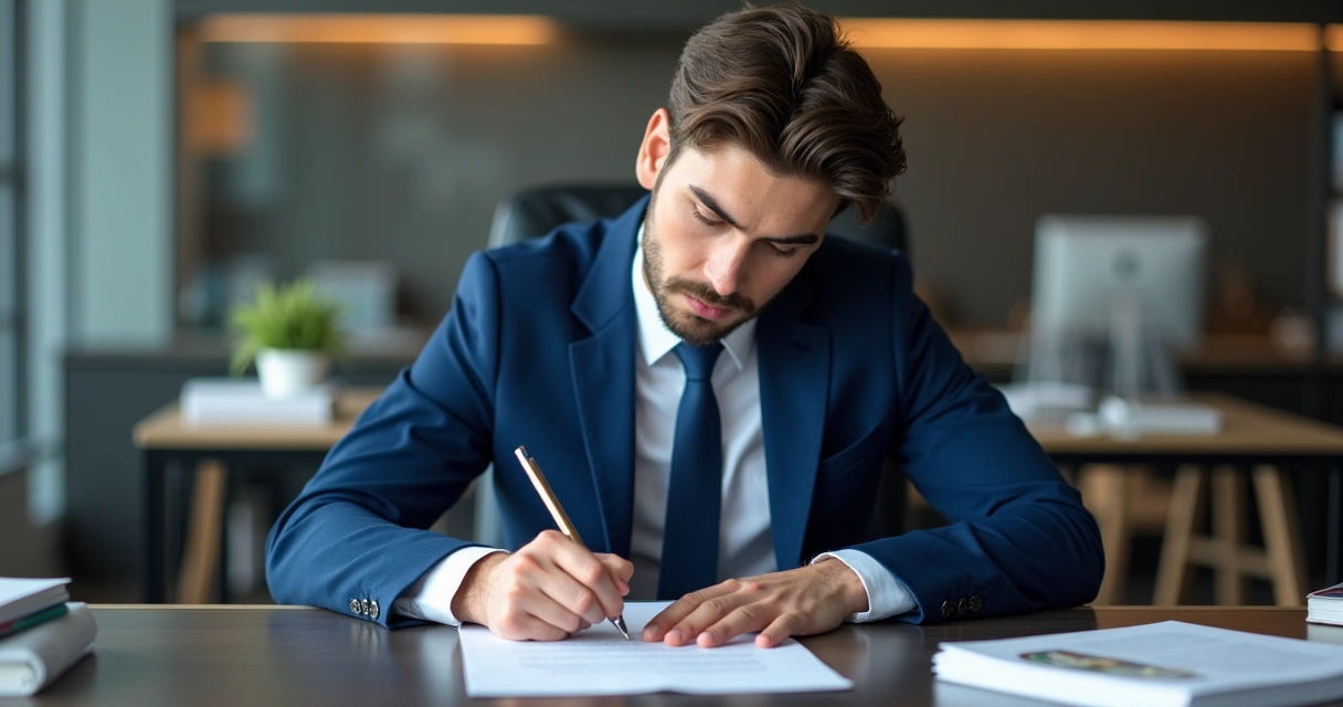 Advogado concentrado redigindo uma carta formal em escritório 