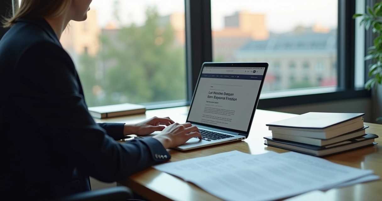 Advogado digitando documento jurídico em notebook 