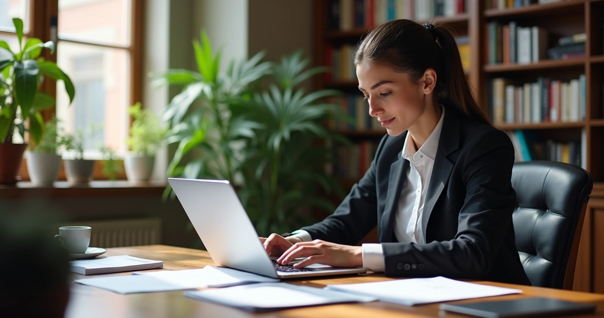 Advogado usando notebook responde cliente no WhatsApp enquanto revisa documentos 