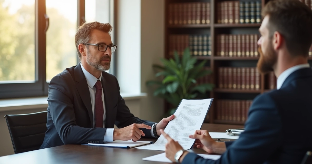 Profissional jurídico orientando trabalhador sentado em sala de reunião. 