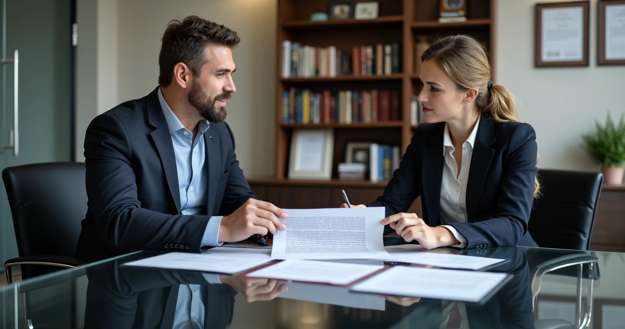 Advogado orientando cliente em mesa de escritório com documentos 
