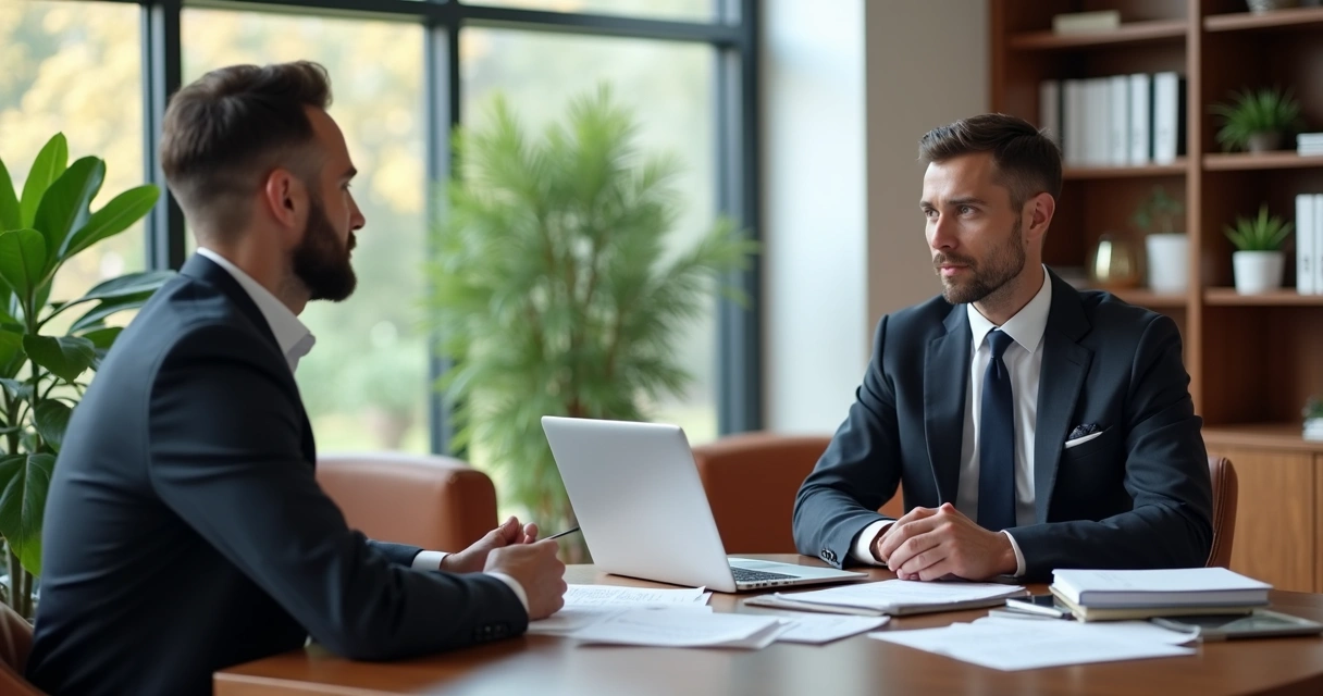 Advogado e cliente em reunião profissional em escritório moderno com documentos e laptop 