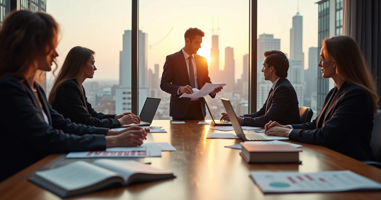 Advogado em reunião estratégica com equipe analisando gráficos e documentos