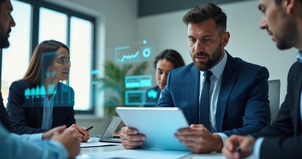 Advogado usando tablet em reunião com equipe jurídica 