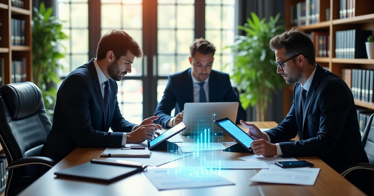 Advogados em reunião analisando dados em tablets na mesa do escritório