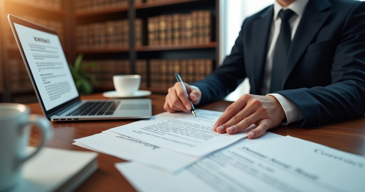 Advogado revisando contrato de aluguel com documentos sobre a mesa 