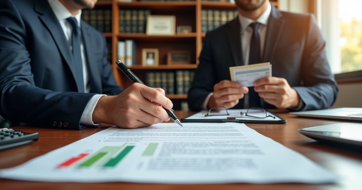 Advogado especialista revisando contrato bancário com cliente ao lado de símbolos financeiros 