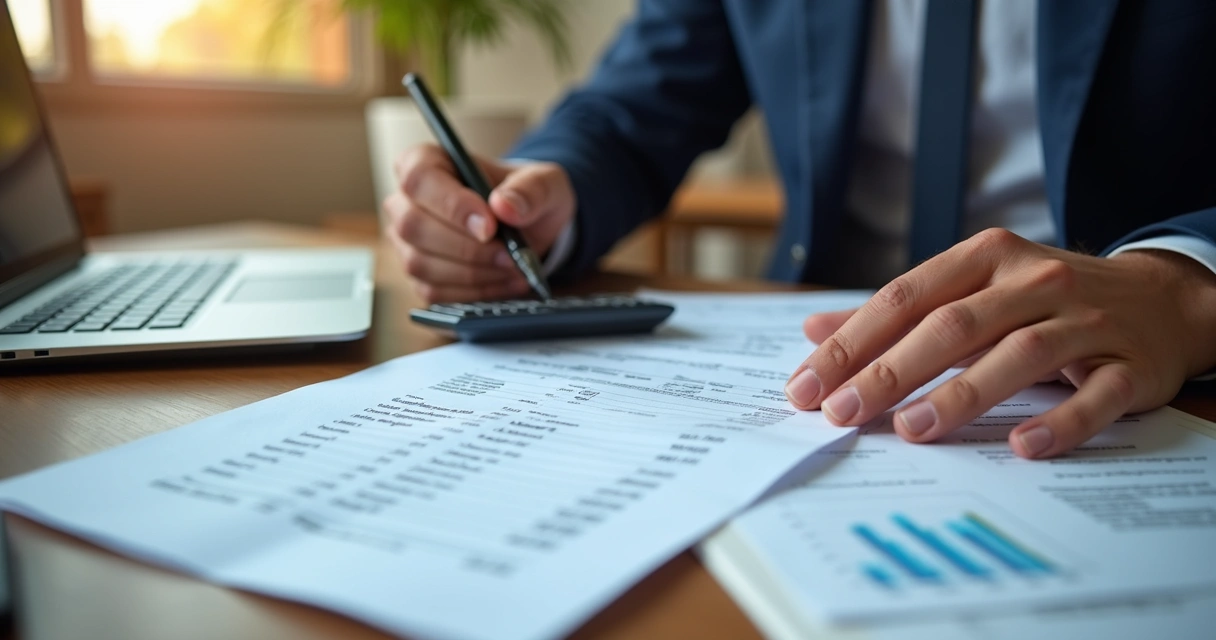 Advogado revisando cálculo de dívida com planilhas e contrato 