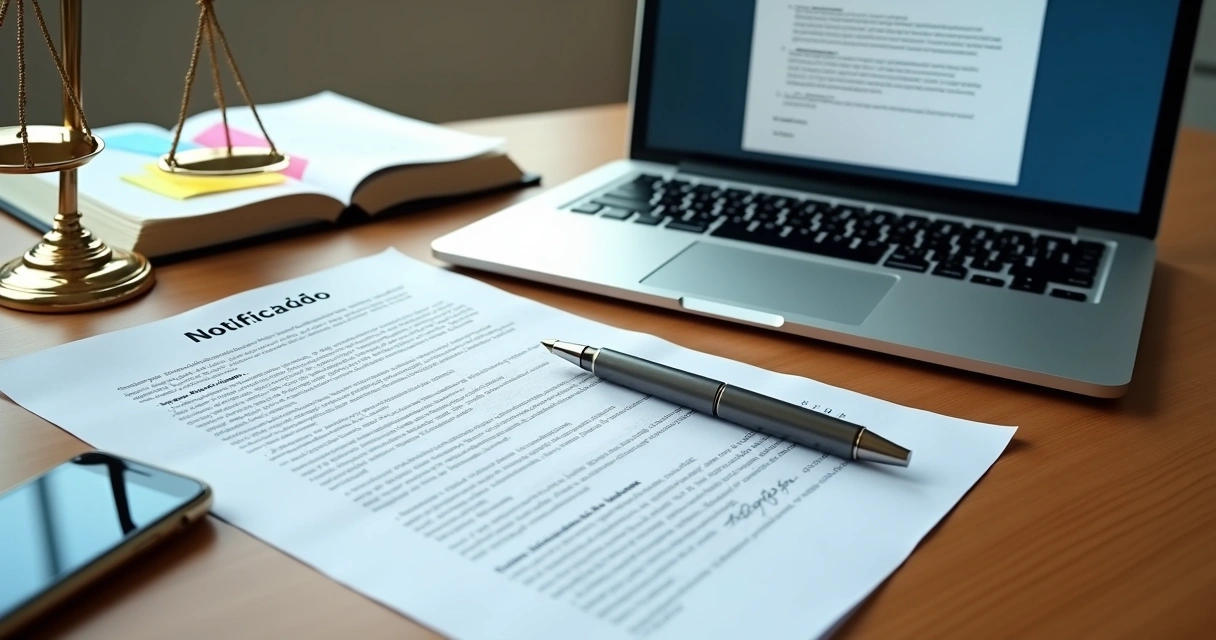 Mesa de advogado com notificação extrajudicial impressa e computador ao lado 