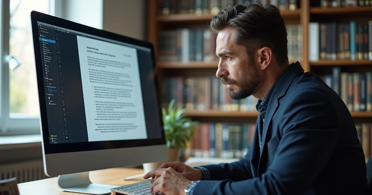 Advogado revisando texto jurídico em tela grande 