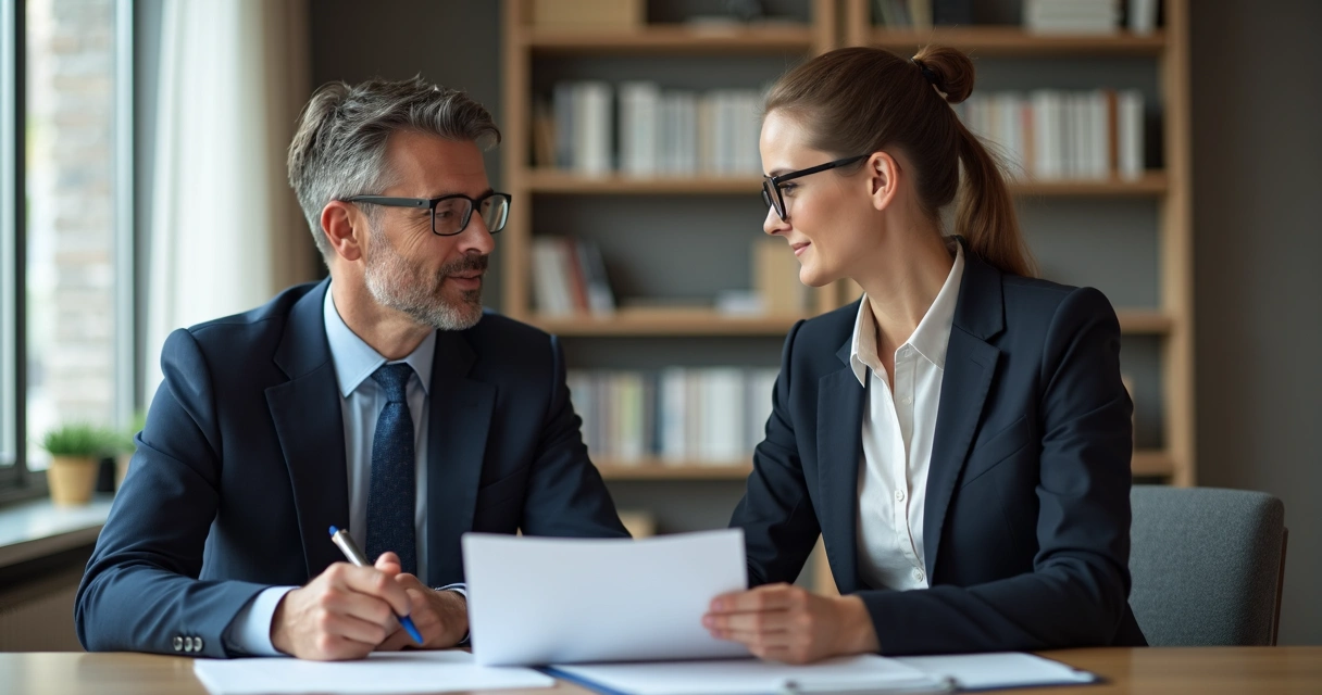 Advogado orientando cliente sobre direitos em plano de saúde em escritório moderno 