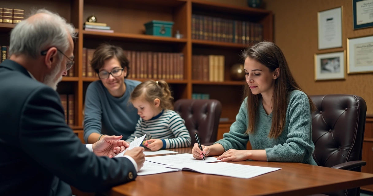 Advogado especialista em saúde orientando paciente e familiares com documentos no escritório