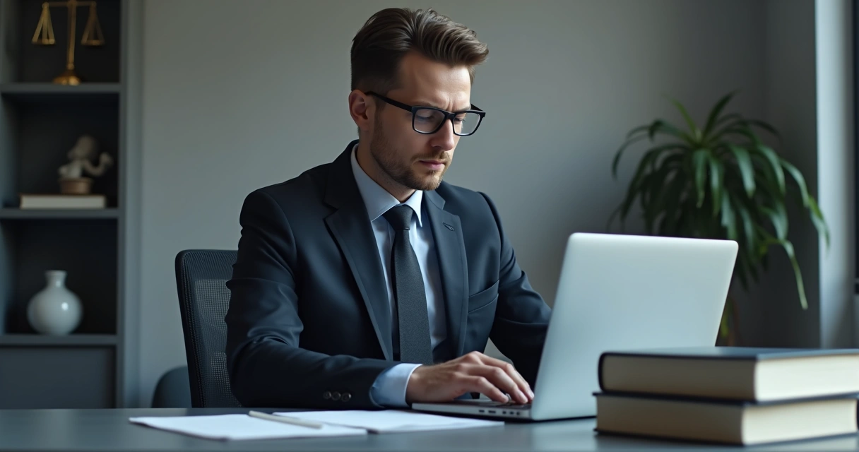 Advogado digitando em notebook ao lado de livros jurídicos