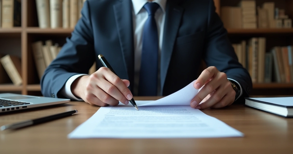 Advogado revisando documentos societários na mesa 