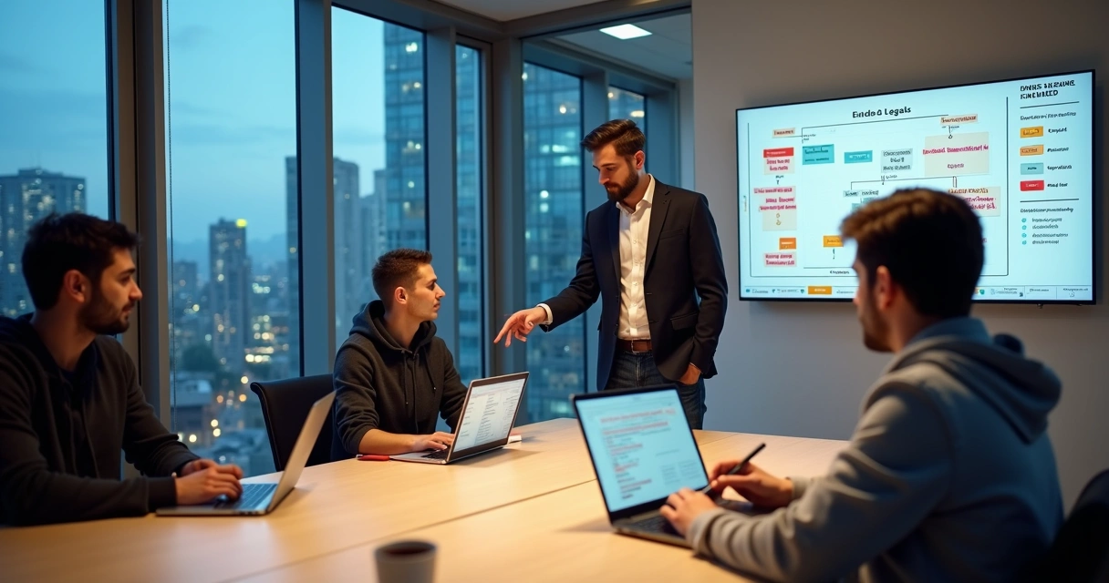 Advogado especializado em startups apresentando contrato para fundadores de tecnologia na sala de reunião 