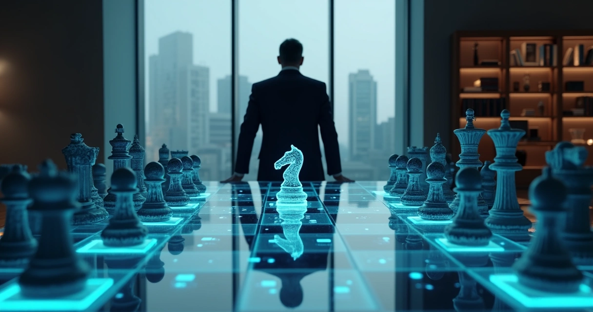 Advogado moves peça digital em tabuleiro de xadrez que mistura símbolos jurídicos e tecnologia 