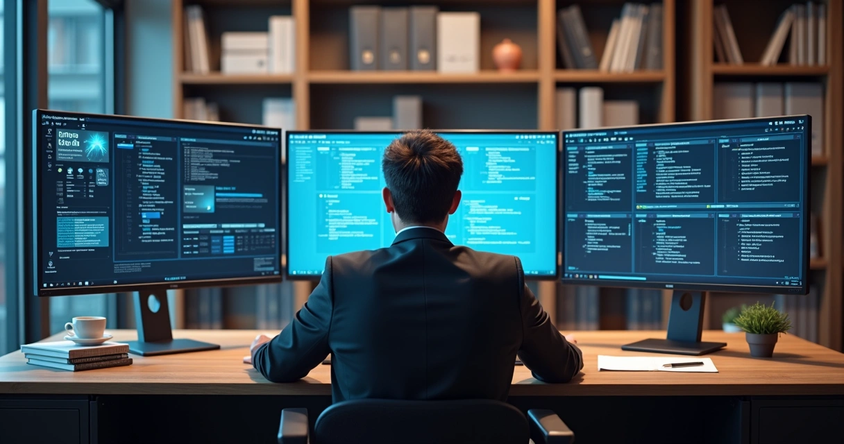 Advogado usando computador com gráficos de produtividade e tecnologia 
