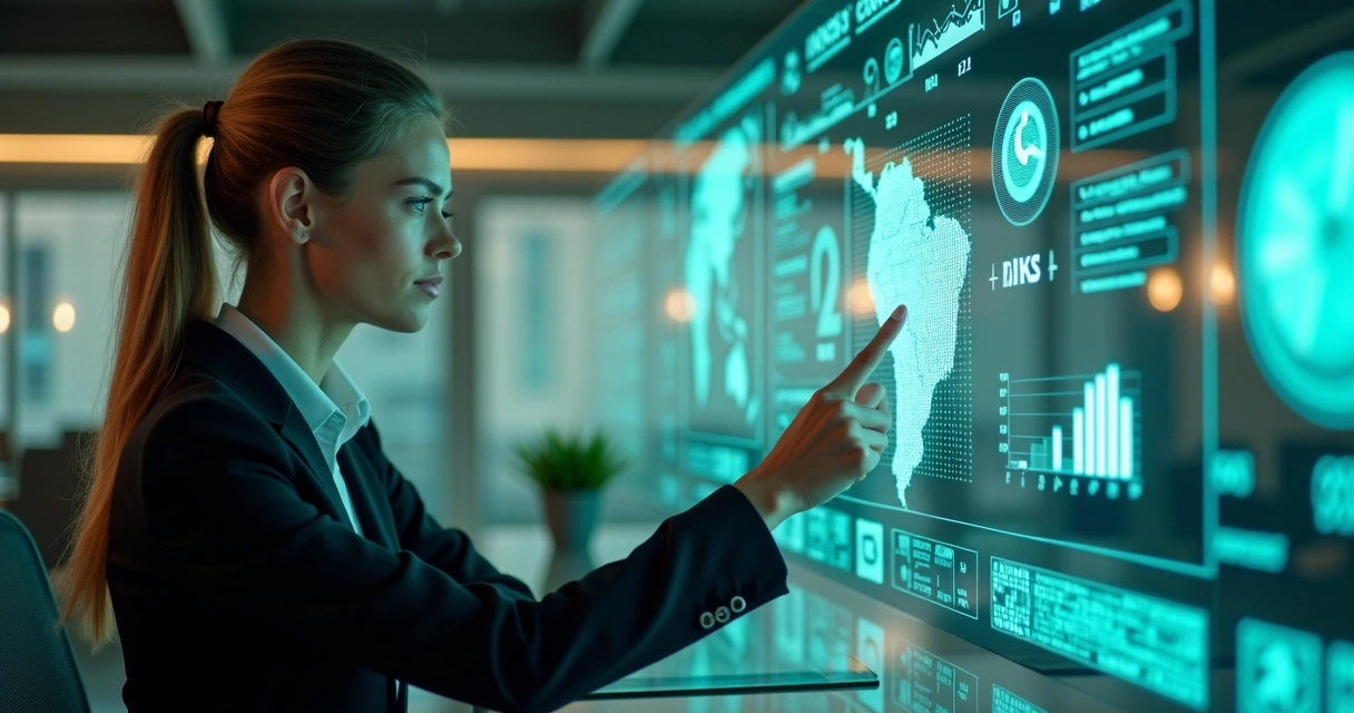 Advogada analisando uma interface digital com gráficos e processos judiciais