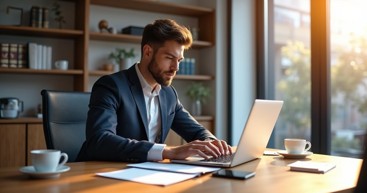 Advogado em mesa de escritório com notebook e tablet