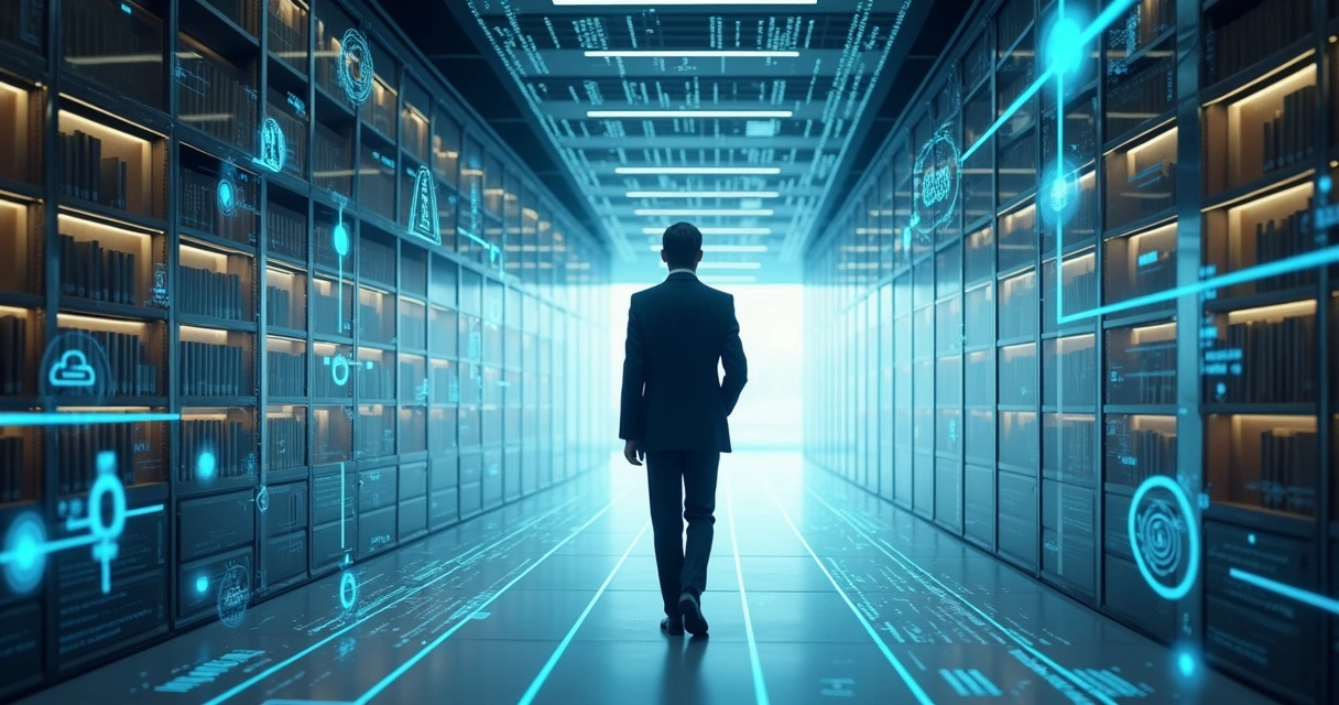 Advogado caminhando por corredor digital com símbolos jurídicos e tecnologia futurista 