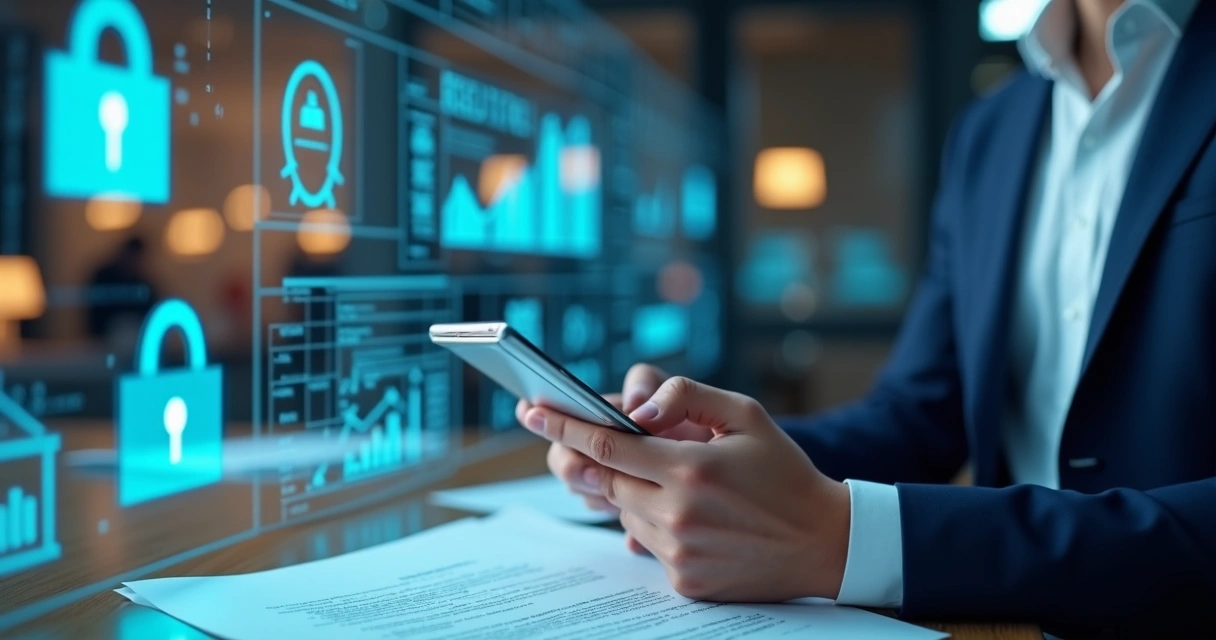 Advogado com tablet analisando dados de contratos ao lado de gráficos digitais 