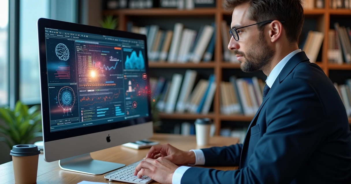 Advogado usando computador com gráficos de IA na tela 