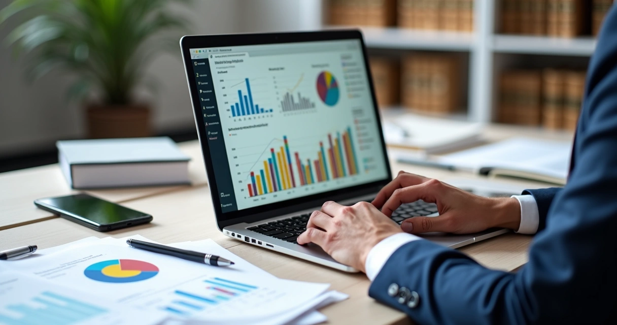 Advogado usando notebook com gráficos digitalizados na tela, documentos ao lado